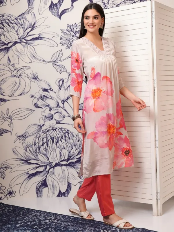 Vishudh Women Peach Printed Kurta With Trouser And Dupatta