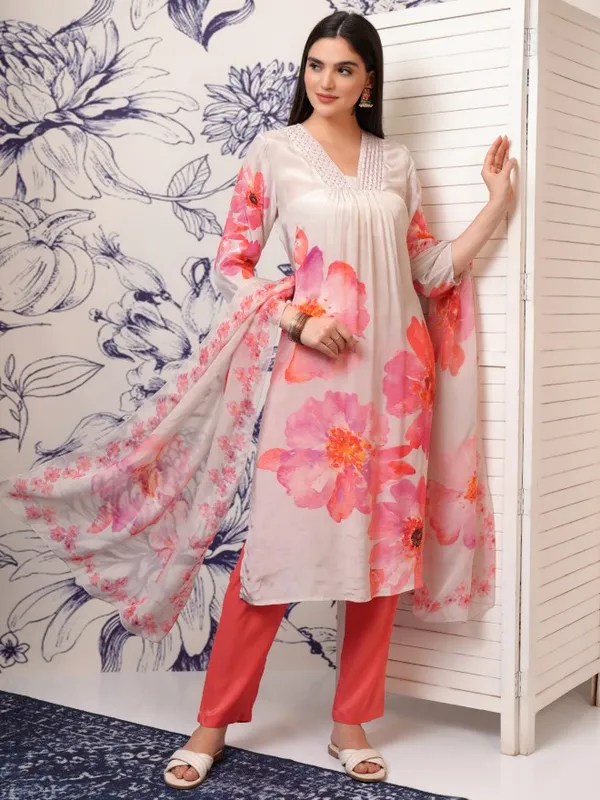 Vishudh Women Peach Printed Kurta With Trouser And Dupatta