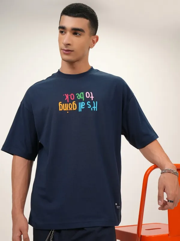 Highlander Men Navy Blue Printed Oversized Fit Round Neck T-Shirt