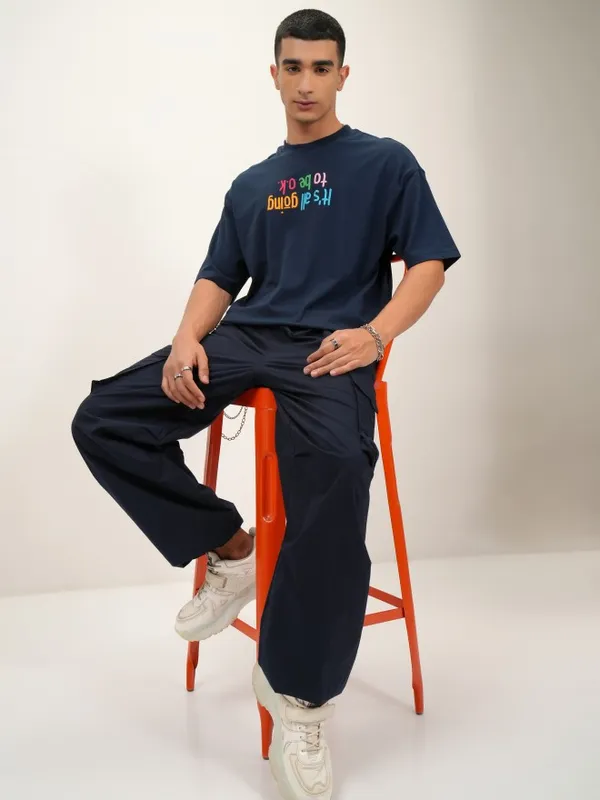 Highlander Men Navy Blue Printed Oversized Fit Round Neck T-Shirt
