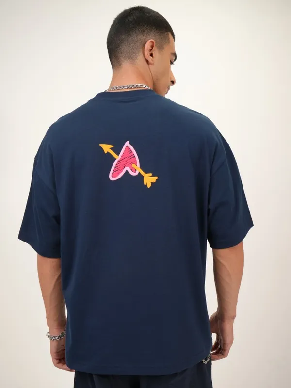 Highlander Men Navy Blue Printed Oversized Fit Round Neck T-Shirt