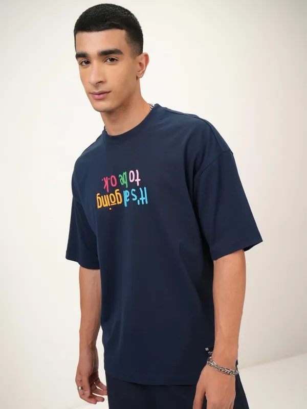 Highlander Men Navy Blue Printed Oversized Fit Round Neck T-Shirt