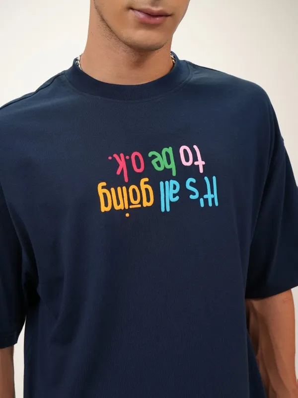 Highlander Men Navy Blue Printed Oversized Fit Round Neck T-Shirt