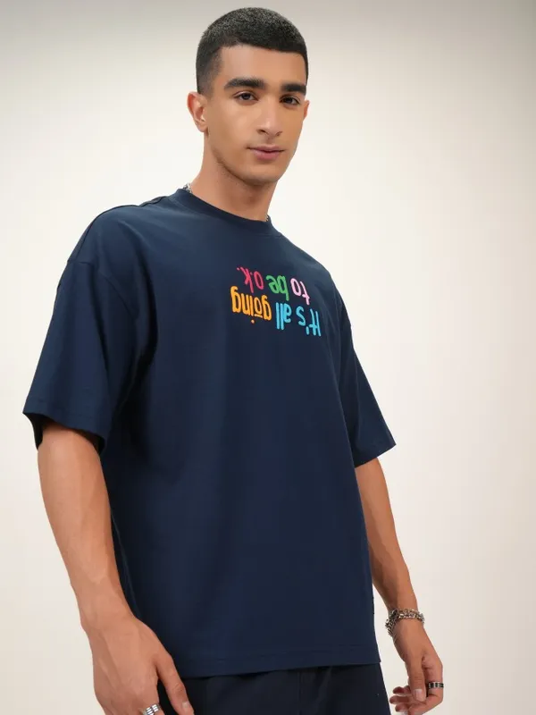 Highlander Men Navy Blue Printed Oversized Fit Round Neck T-Shirt