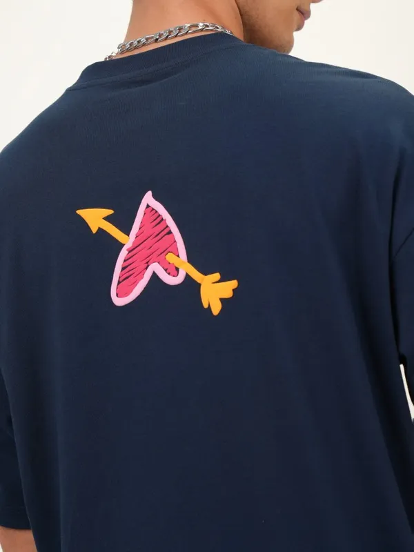 Highlander Men Navy Blue Printed Oversized Fit Round Neck T-Shirt