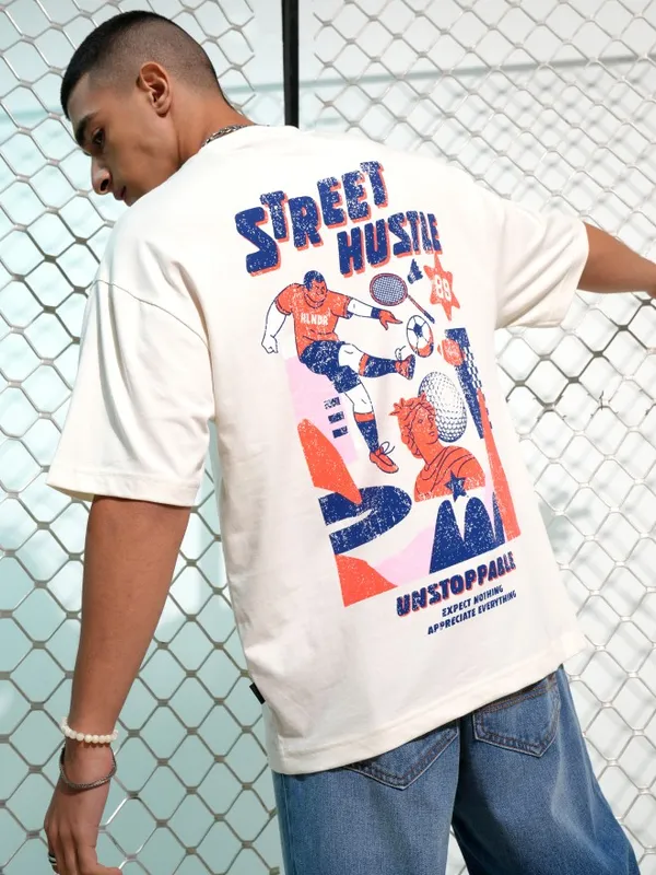 Highlander Men Off White Printed Round Neck Oversized Fit T-Shirt