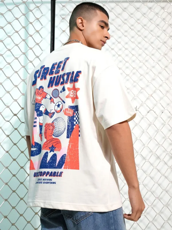 Highlander Men Off White Printed Round Neck Oversized Fit T-Shirt