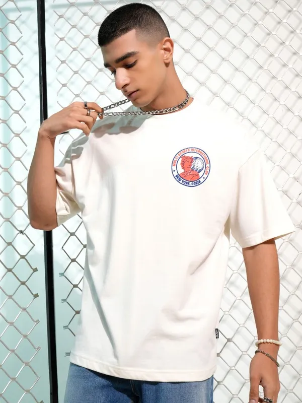 Highlander Men Off White Printed Round Neck Oversized Fit T-Shirt