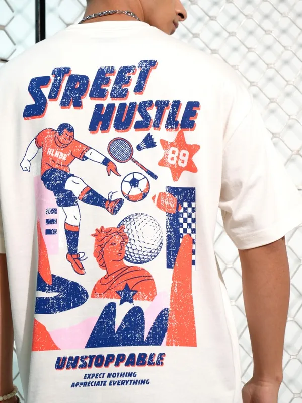 Highlander Men Off White Printed Round Neck Oversized Fit T-Shirt