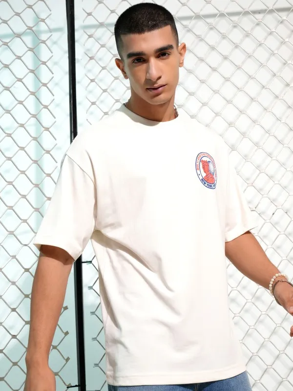 Highlander Men Off White Printed Round Neck Oversized Fit T-Shirt