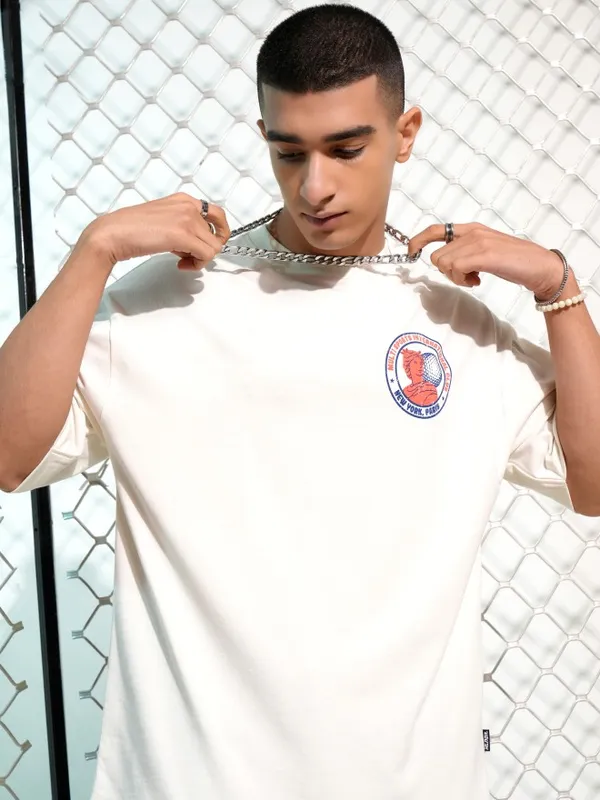 Highlander Men Off White Printed Round Neck Oversized Fit T-Shirt