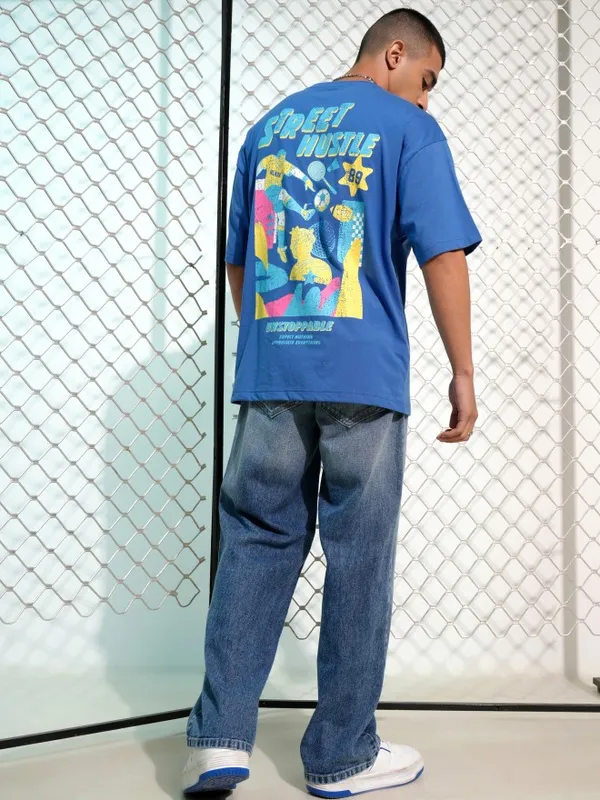 Highlander Men Blue Printed Round Neck Oversized Fit T-Shirt