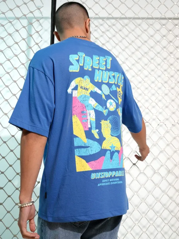 Highlander Men Blue Printed Round Neck Oversized Fit T-Shirt