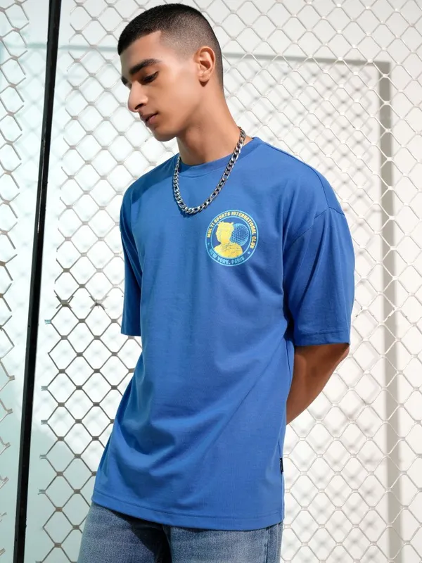 Highlander Men Blue Printed Round Neck Oversized Fit T-Shirt
