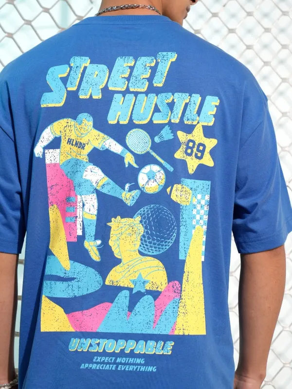 Highlander Men Blue Printed Round Neck Oversized Fit T-Shirt