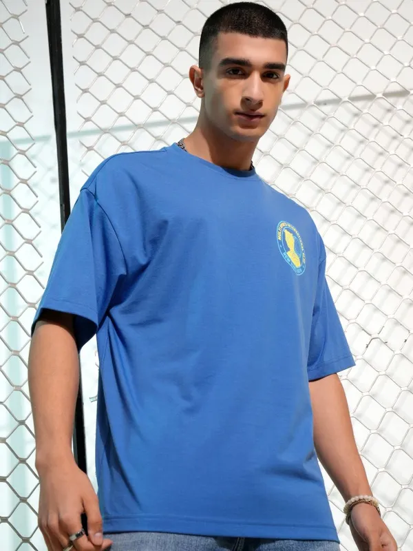 Highlander Men Blue Printed Round Neck Oversized Fit T-Shirt