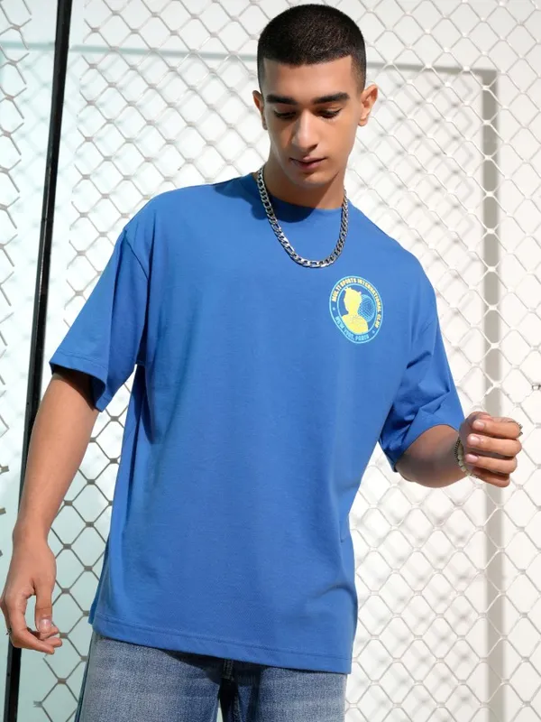 Highlander Men Blue Printed Round Neck Oversized Fit T-Shirt