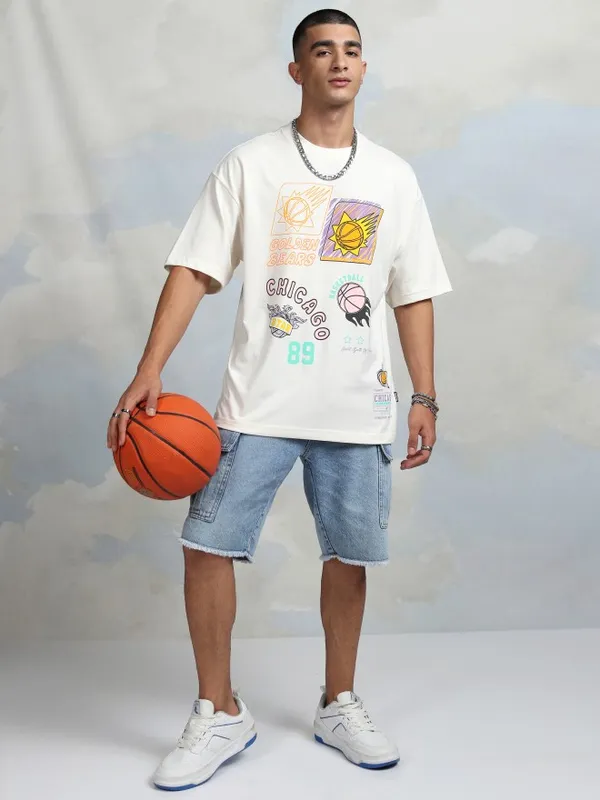 Highlander Men Off White Printed Round Neck Oversized Fit T-Shirt