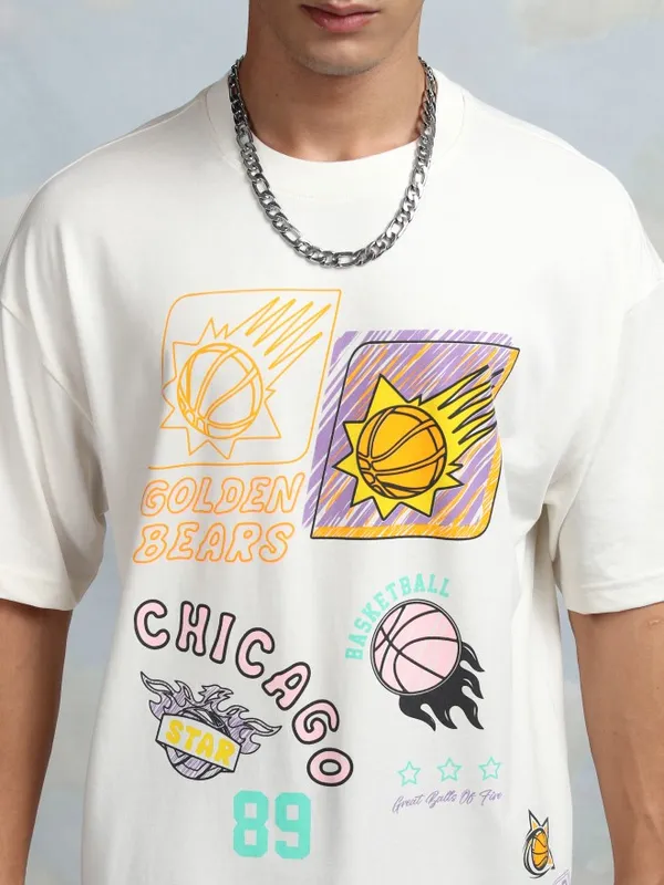 Highlander Men Off White Printed Round Neck Oversized Fit T-Shirt