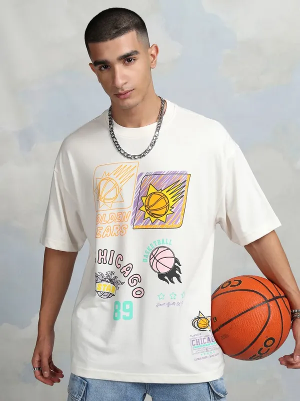 Highlander Men Off White Printed Round Neck Oversized Fit T-Shirt
