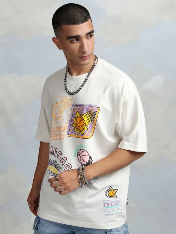 Highlander Men Off White Printed Round Neck Oversized Fit T-Shirt
