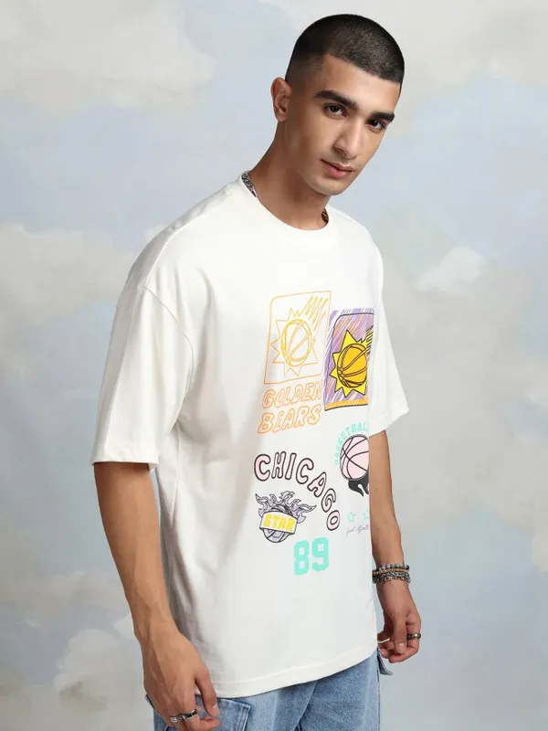 Highlander Men Off White Printed Round Neck Oversized Fit T-Shirt