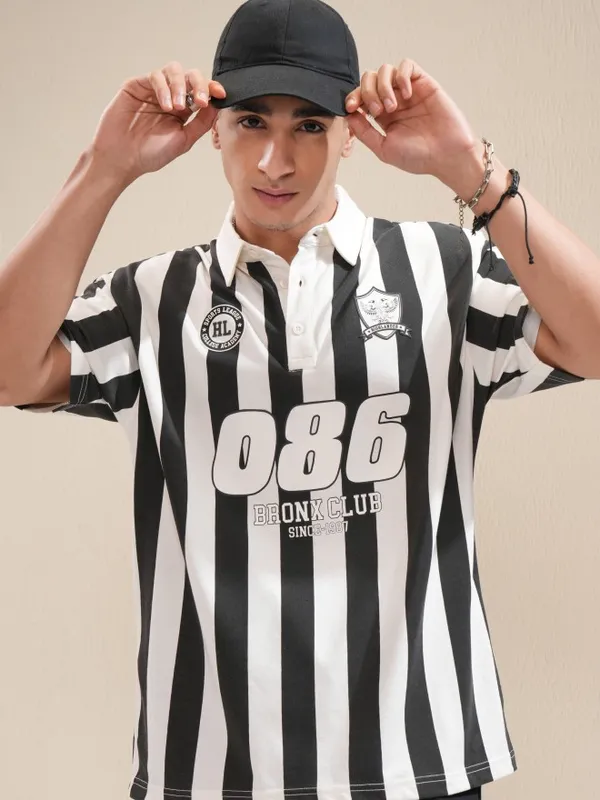 Highlander Men Off White Striped Polo Collar Oversized Fit T-Shirt