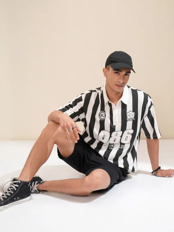 Highlander Men Off White Striped Polo Collar Oversized Fit T-Shirt