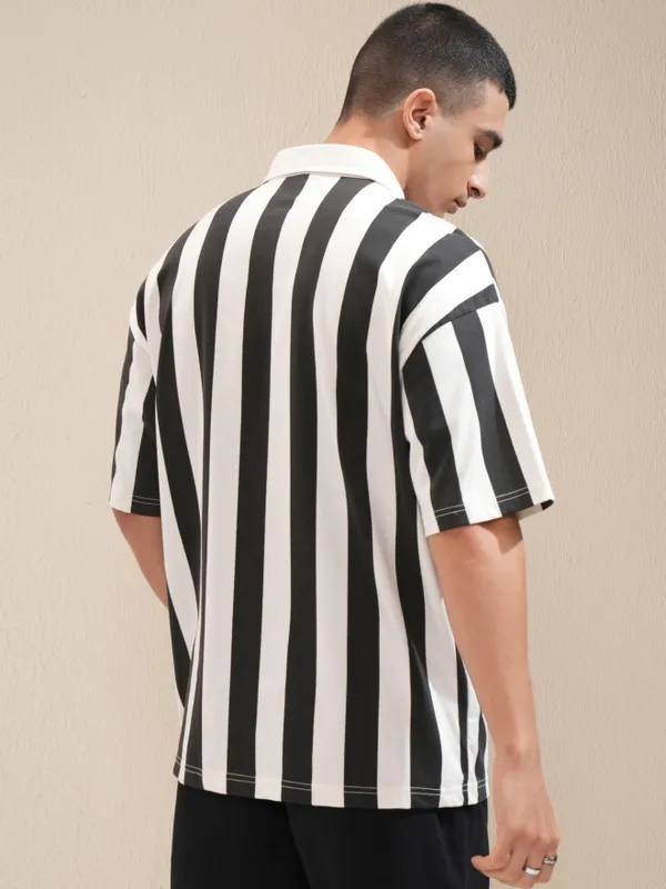 Highlander Men Off White Striped Polo Collar Oversized Fit T-Shirt