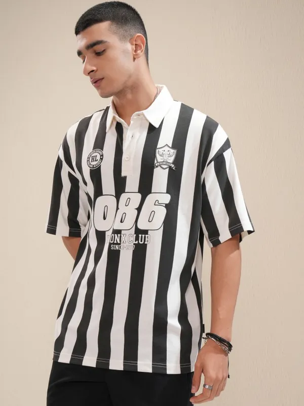 Highlander Men Off White Striped Polo Collar Oversized Fit T-Shirt