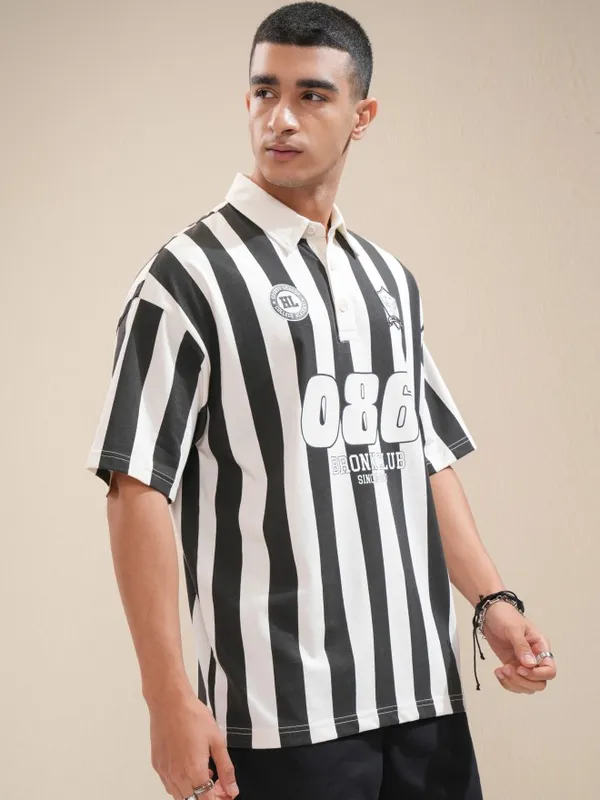 Highlander Men Off White Striped Polo Collar Oversized Fit T-Shirt