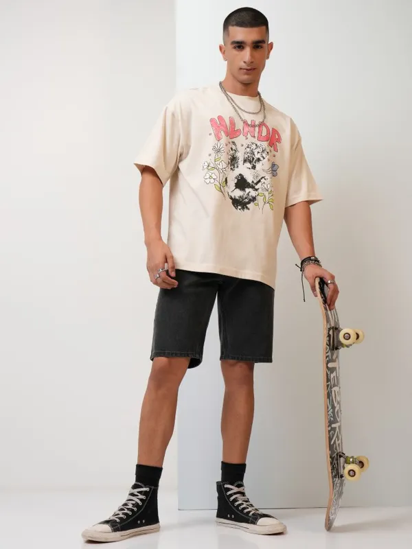Highlander Men Cream Printed Oversized Fit Round Neck T-Shirt