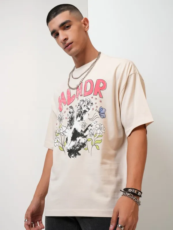 Highlander Men Cream Printed Oversized Fit Round Neck T-Shirt