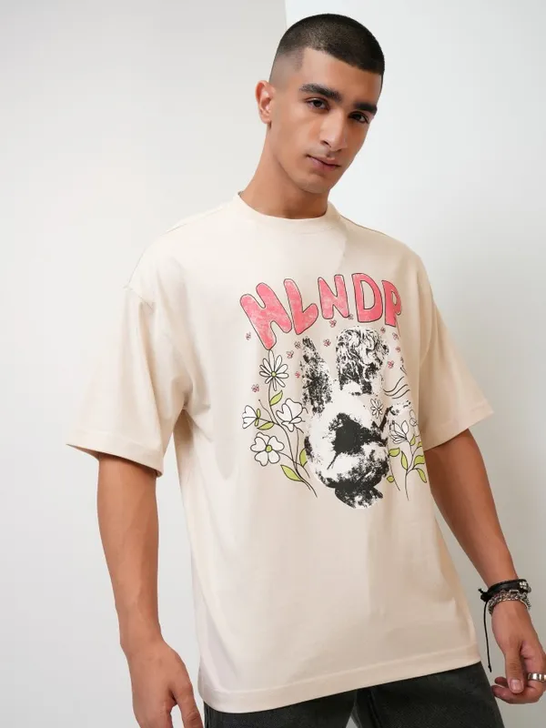 Highlander Men Cream Printed Oversized Fit Round Neck T-Shirt