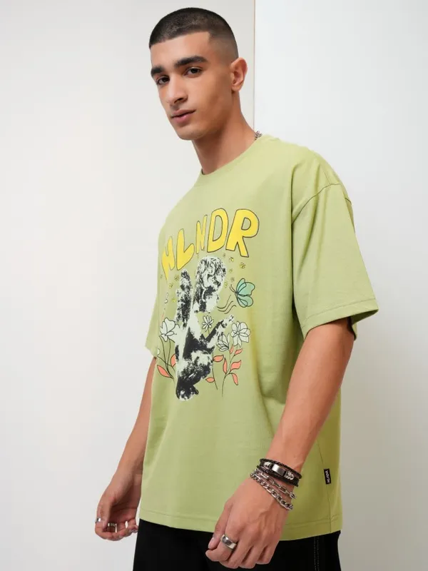 Highlander Men Green Printed Oversized Fit Round Neck T-Shirt