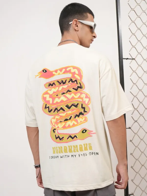 Highlander Men Cream Printed Round Neck Oversized Fit T-Shirt