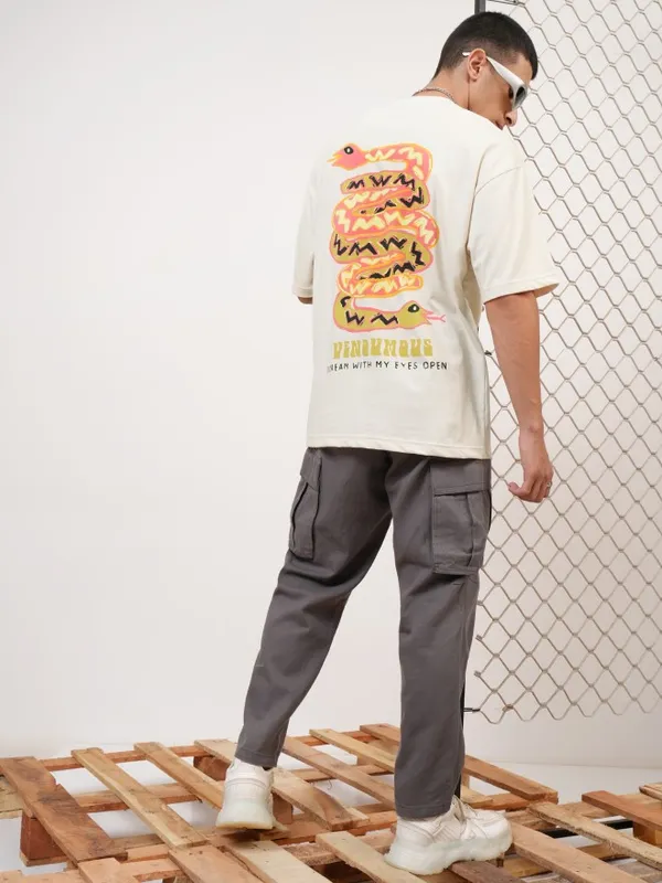 Highlander Men Cream Printed Round Neck Oversized Fit T-Shirt