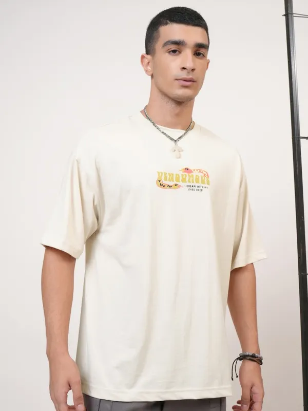 Highlander Men Cream Printed Round Neck Oversized Fit T-Shirt