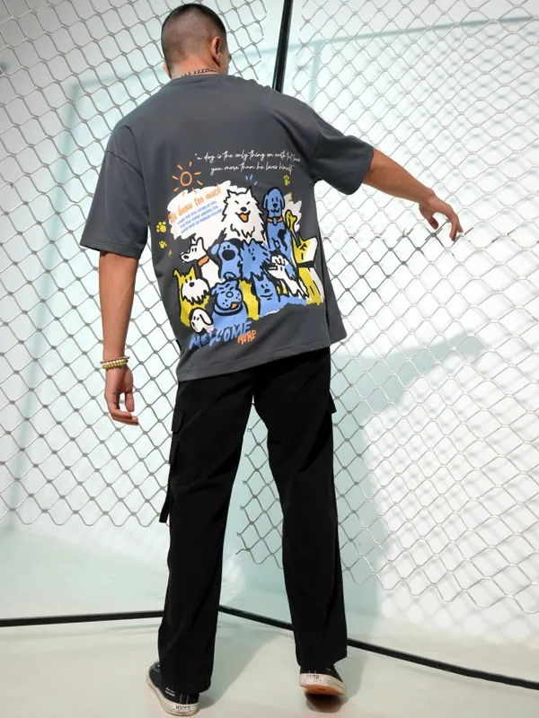 Highlander Men Grey Printed Round Neck Oversized Fit T-Shirt