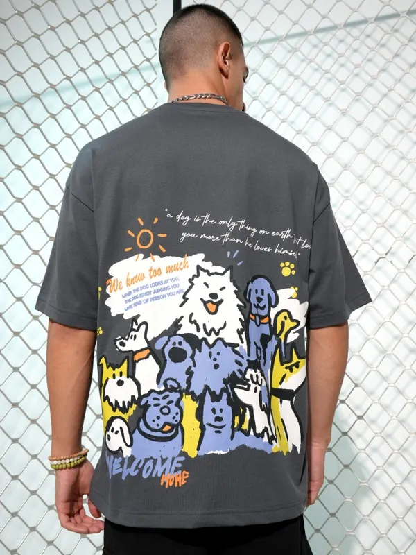 Highlander Men Grey Printed Round Neck Oversized Fit T-Shirt