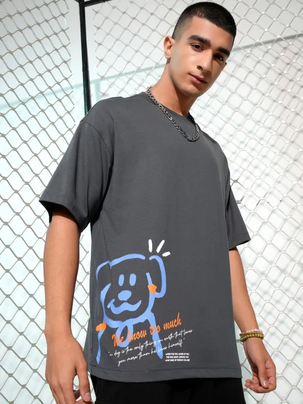 Highlander Men Grey Printed Round Neck Oversized Fit T-Shirt