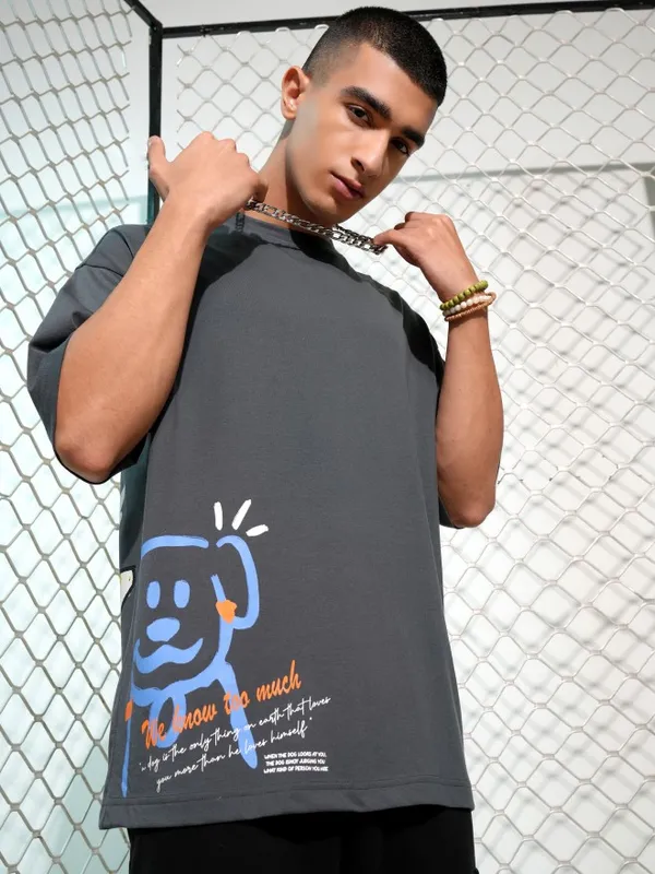 Highlander Men Grey Printed Round Neck Oversized Fit T-Shirt