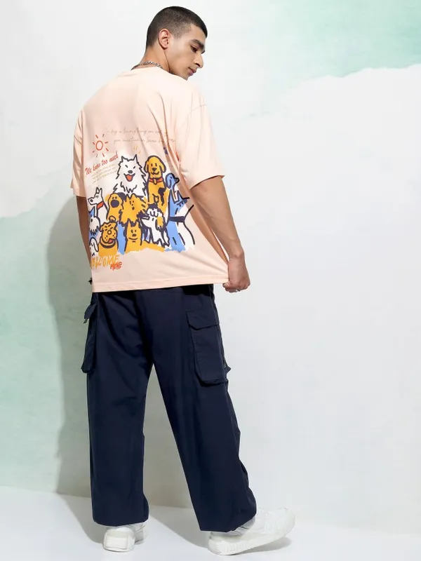 Highlander Men Peach Printed Round Neck Oversized T-Shirt