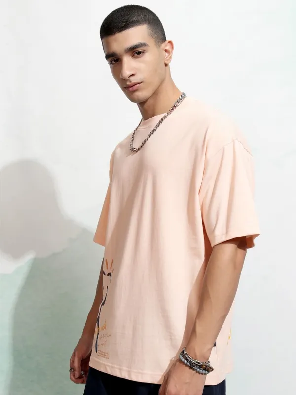 Highlander Men Peach Printed Round Neck Oversized T-Shirt