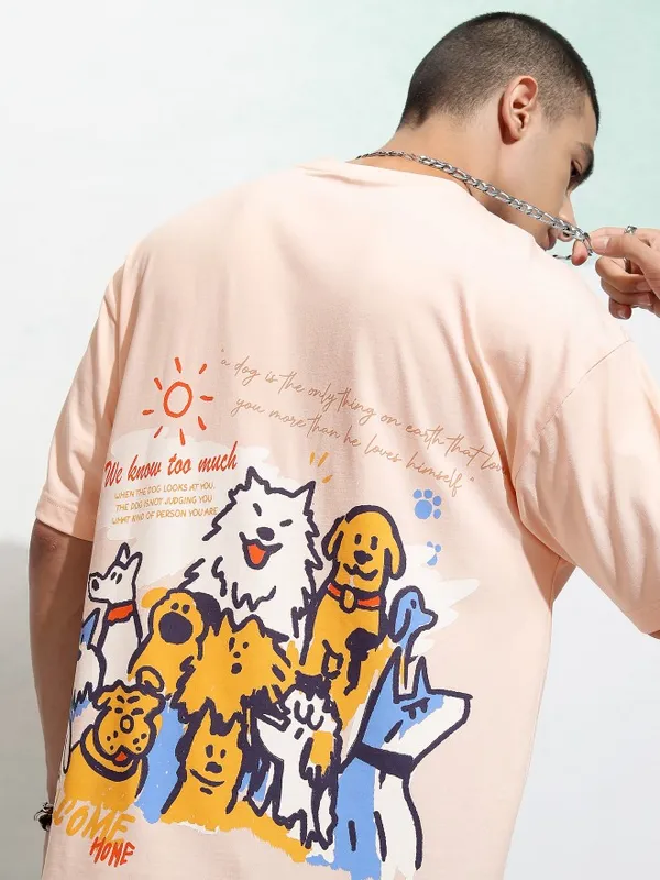 Highlander Men Peach Printed Round Neck Oversized T-Shirt