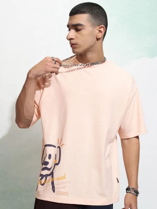 Highlander Men Peach Printed Round Neck Oversized T-Shirt