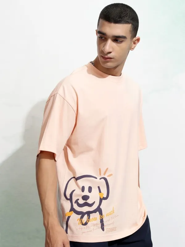 Highlander Men Peach Printed Round Neck Oversized T-Shirt