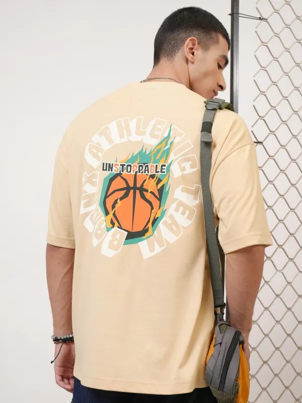 Highlander Men Beige Printed Round Neck Oversized Fit T-Shirt