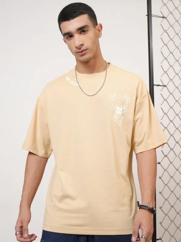 Highlander Men Beige Printed Round Neck Oversized Fit T-Shirt