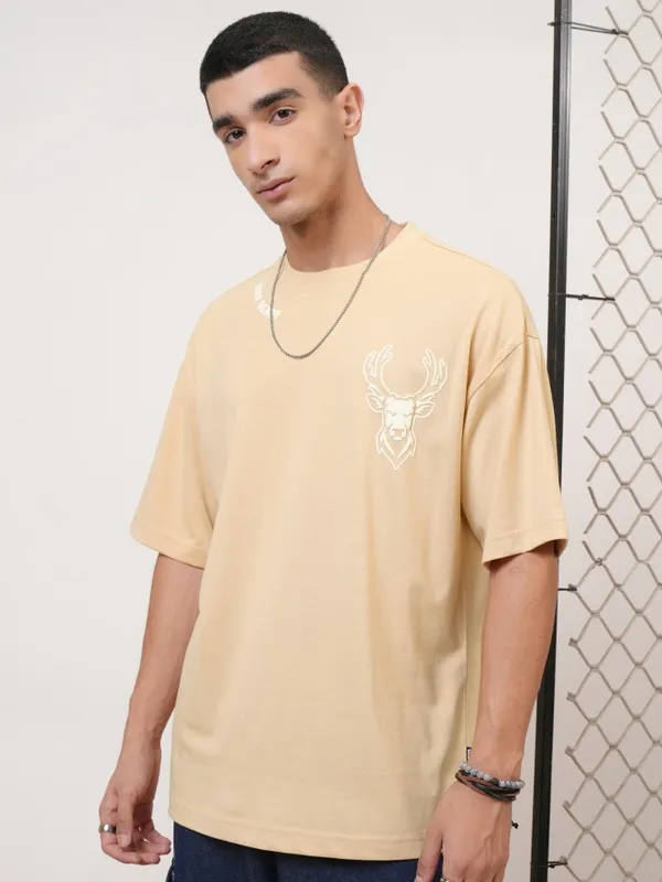 Highlander Men Beige Printed Round Neck Oversized Fit T-Shirt